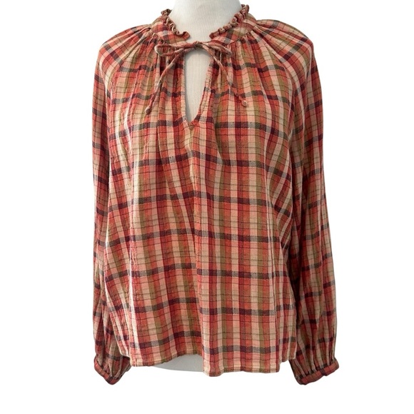 Faherty Red, Orange, and Tan Plaid Long Sleeve Top - Picture 1 of 13